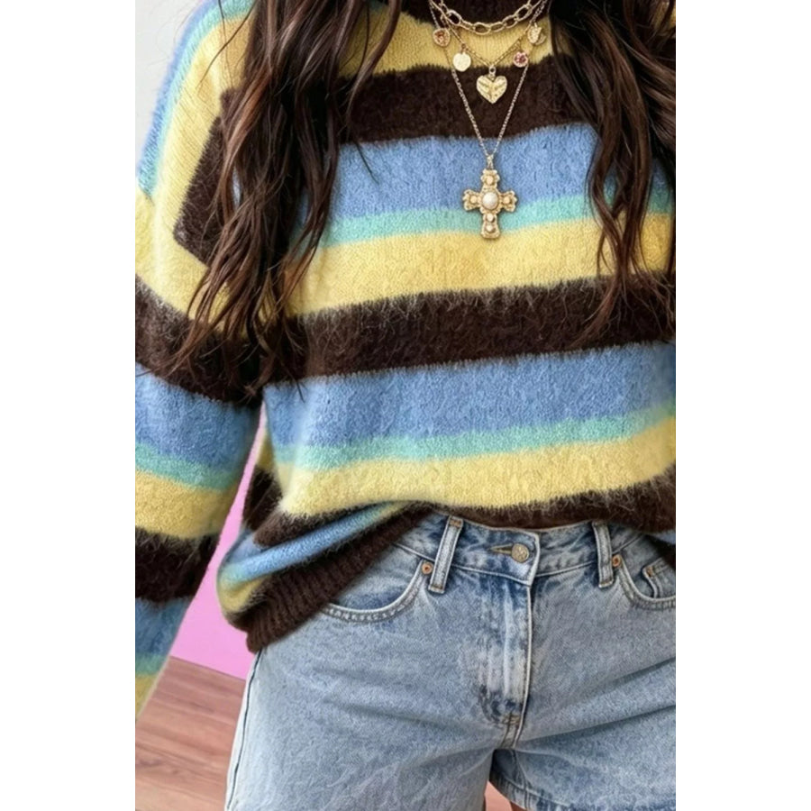Striped Fuzzy Dropped Shoulder Sweater Apparel and Accessories