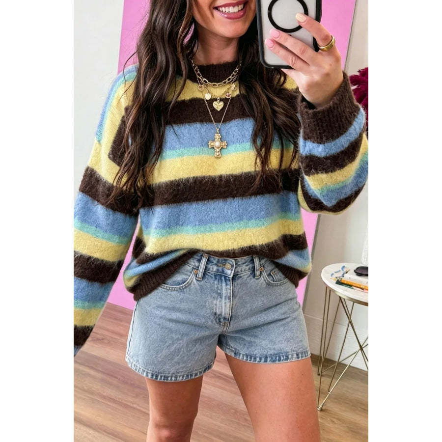 Striped Fuzzy Dropped Shoulder Sweater Stripe / S Apparel and Accessories