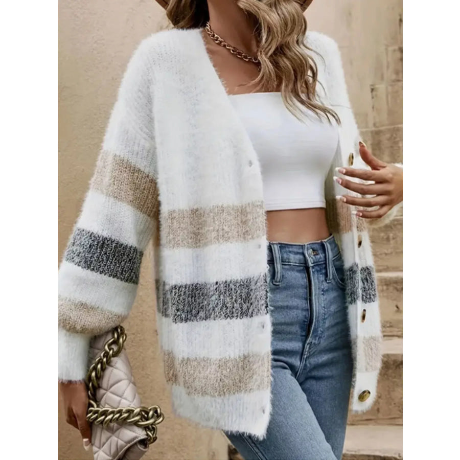Striped Fuzzy Knit Button-Up Cardigan Apparel and Accessories