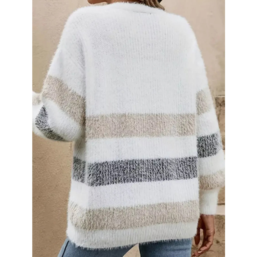 Striped Fuzzy Knit Button-Up Cardigan Apparel and Accessories