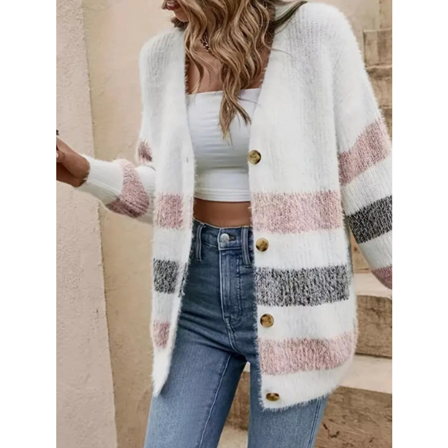 Striped Fuzzy Knit Button-Up Cardigan Apparel and Accessories