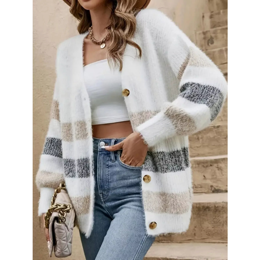Striped Fuzzy Knit Button-Up Cardigan Apparel and Accessories