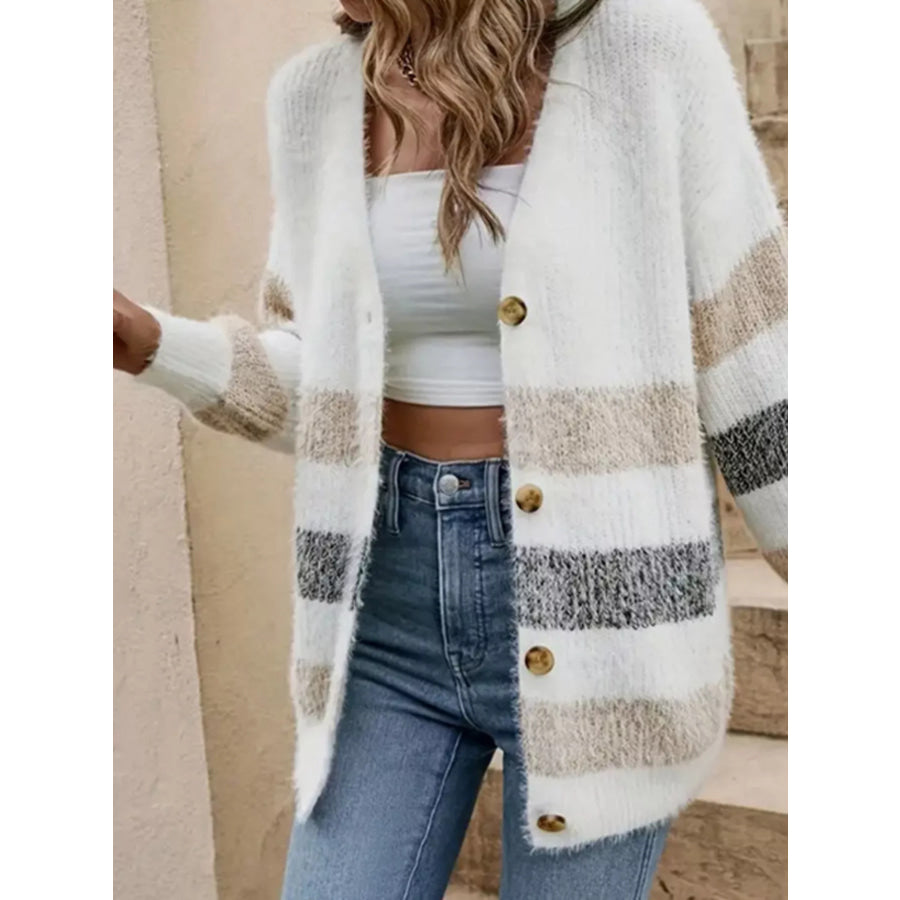 Striped Fuzzy Knit Button-Up Cardigan Apparel and Accessories
