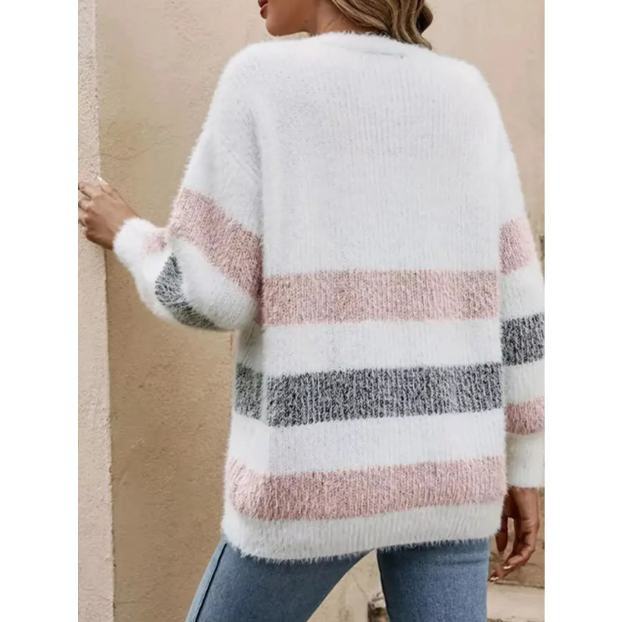 Striped Fuzzy Knit Button-Up Cardigan Apparel and Accessories