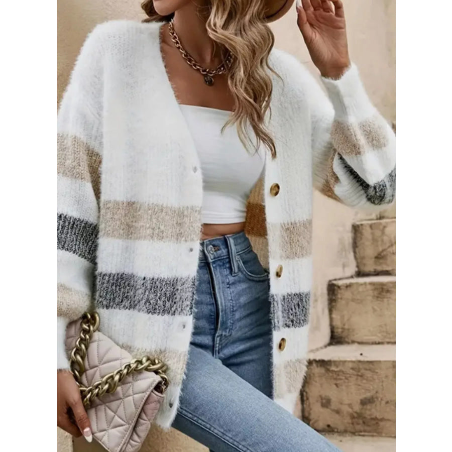 Striped Fuzzy Knit Button-Up Cardigan Apparel and Accessories