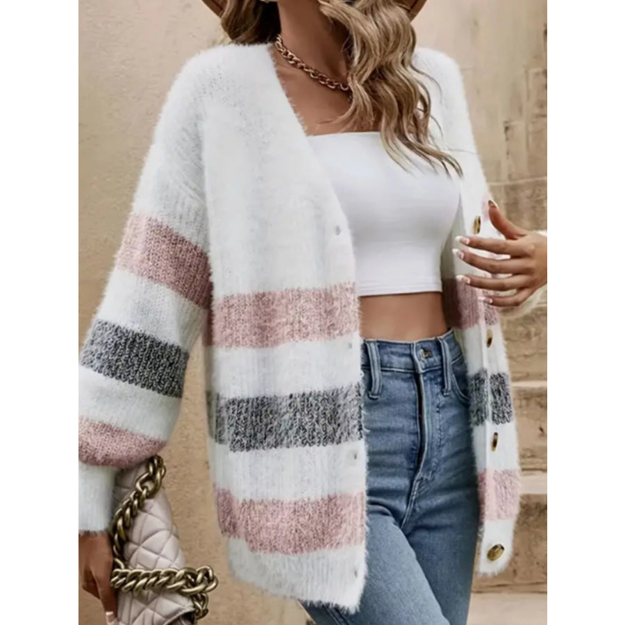 Striped Fuzzy Knit Button-Up Cardigan Apparel and Accessories