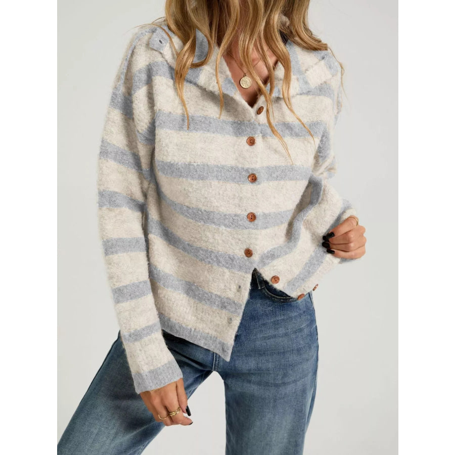 Striped Fuzzy Knit Cardigan Gray / S Apparel and Accessories