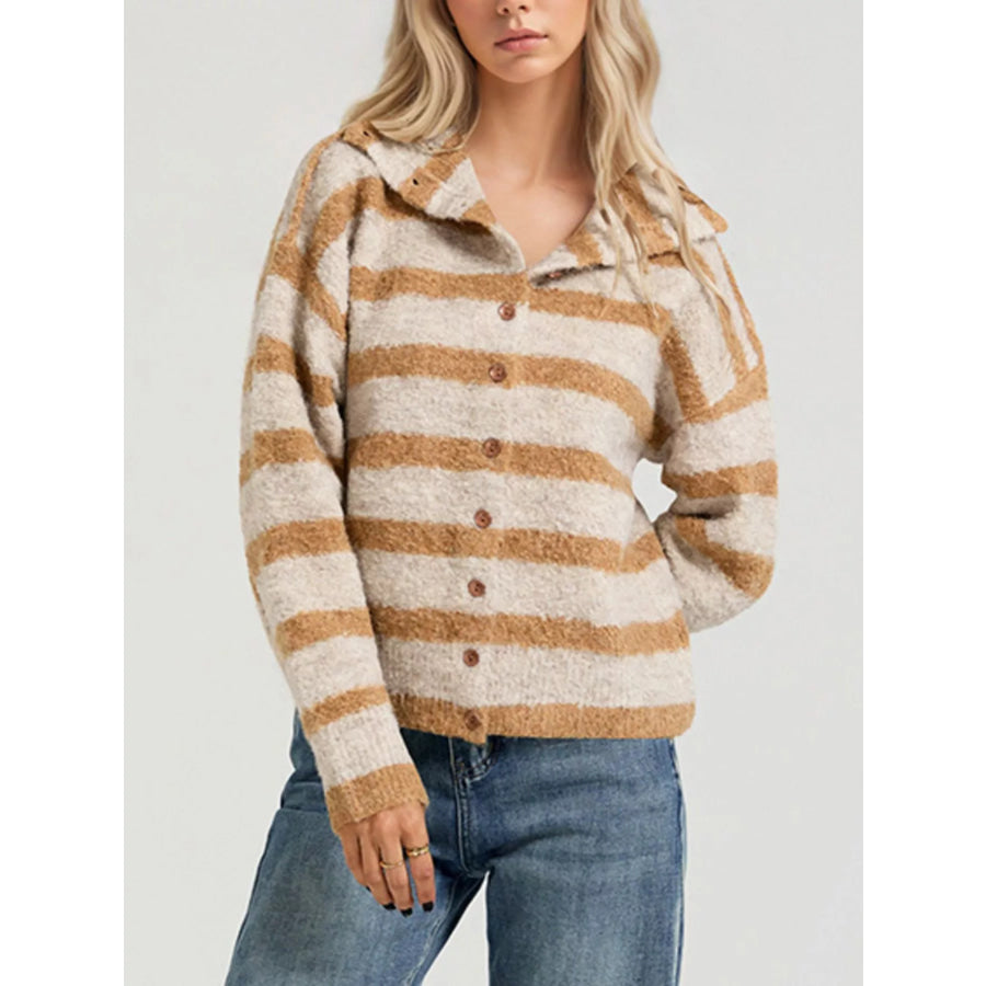 Striped Fuzzy Knit Cardigan Khaki / S Apparel and Accessories