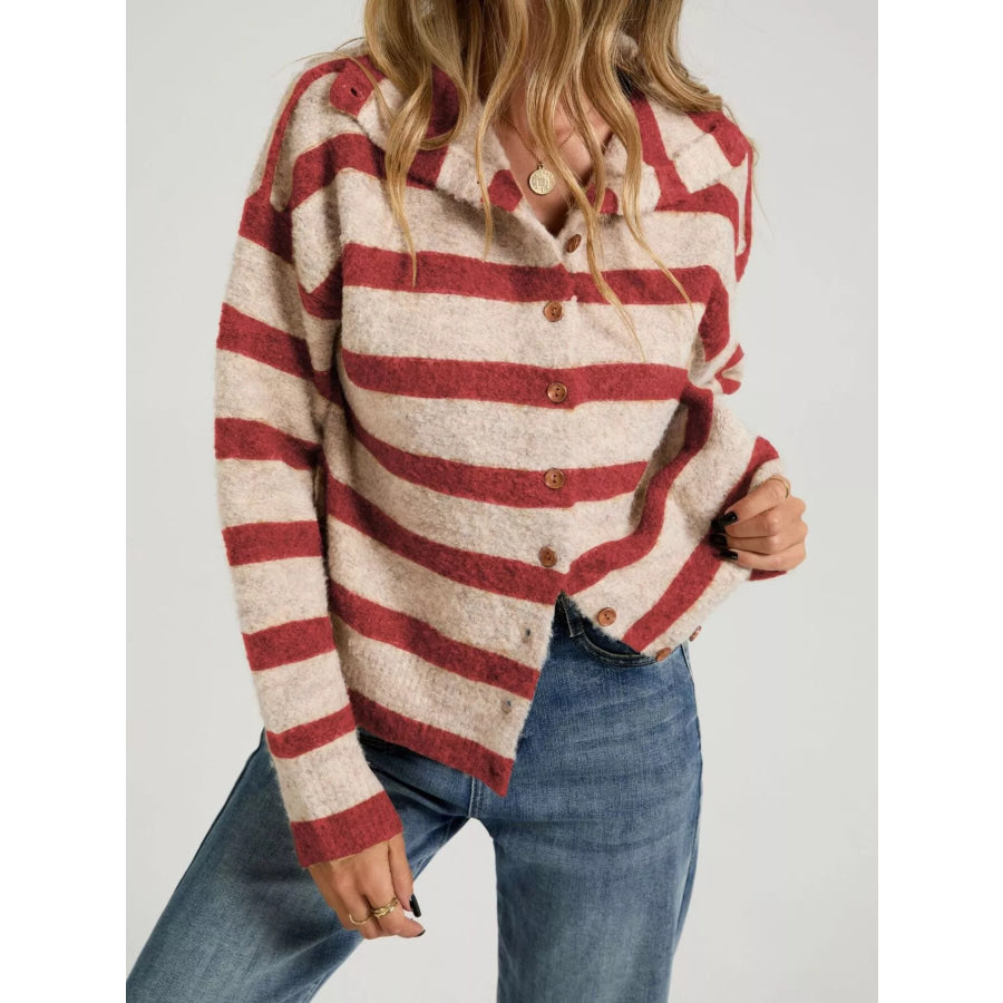 Striped Fuzzy Knit Cardigan Red / S Apparel and Accessories