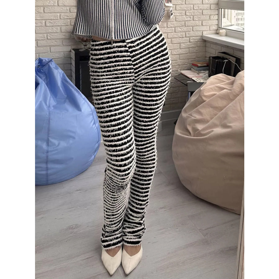 Striped Fuzzy Textured Knit Pants Black And White / S Apparel and Accessories