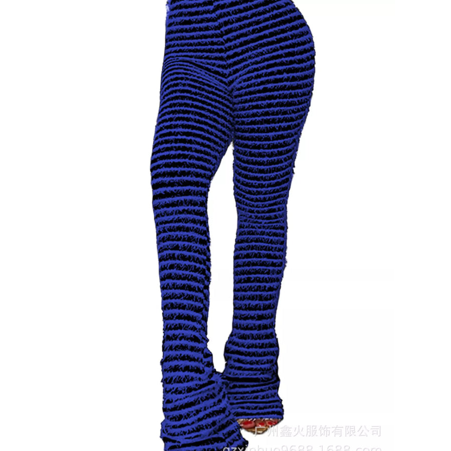 Striped Fuzzy Textured Knit Pants Blue / S Apparel and Accessories