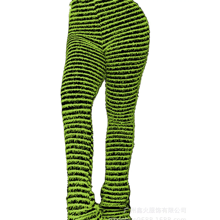 Striped Fuzzy Textured Knit Pants Fluorescent Green / S Apparel and Accessories