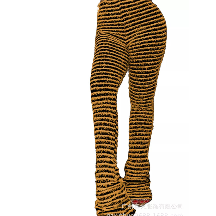 Striped Fuzzy Textured Knit Pants Orange / S Apparel and Accessories