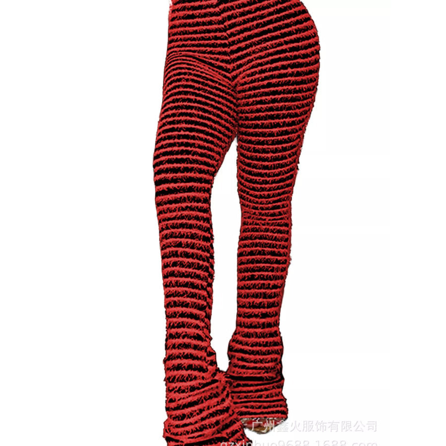 Striped Fuzzy Textured Knit Pants Red / S Apparel and Accessories