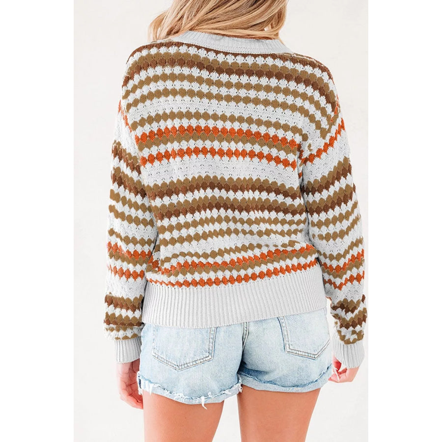 Striped Geometric Pattern Sweater Khaki / S Apparel and Accessories