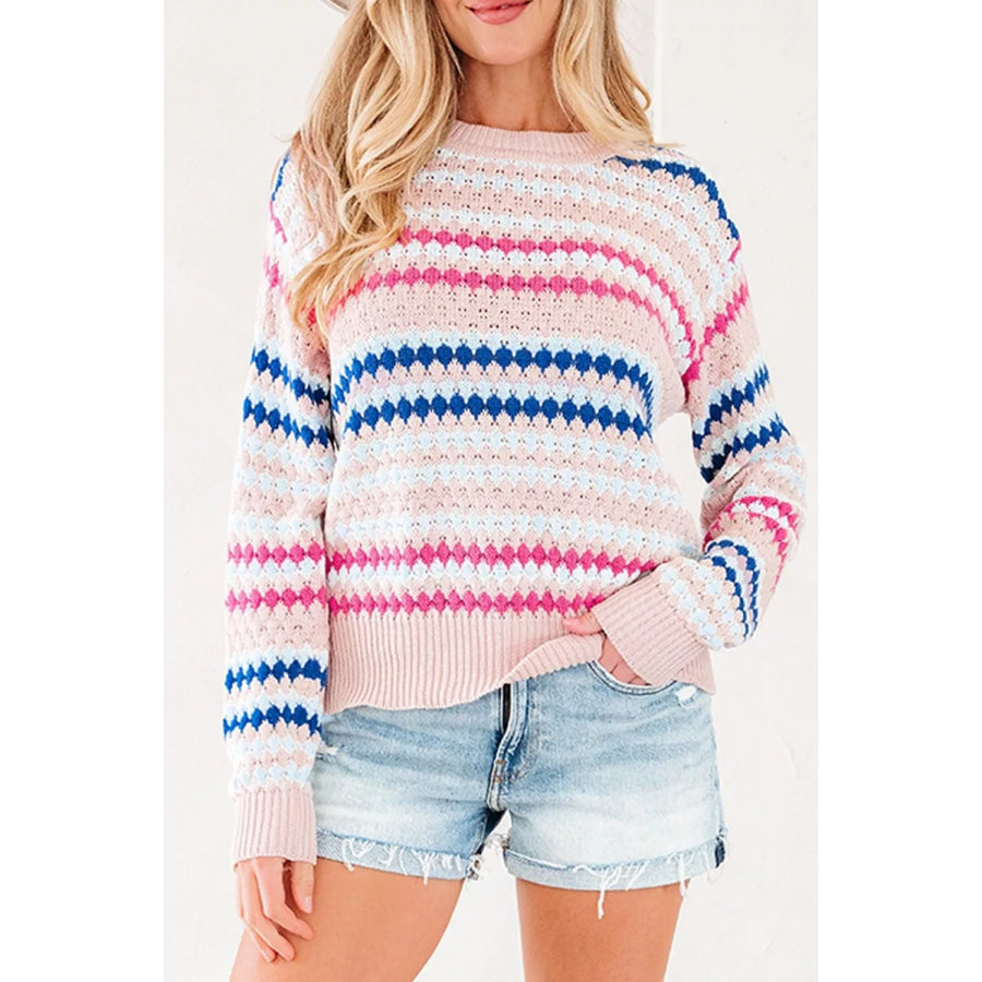 Striped Geometric Pattern Sweater Blush Pink / S Apparel and Accessories
