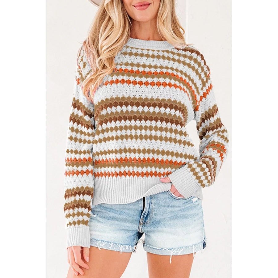 Striped Geometric Pattern Sweater Khaki / S Apparel and Accessories