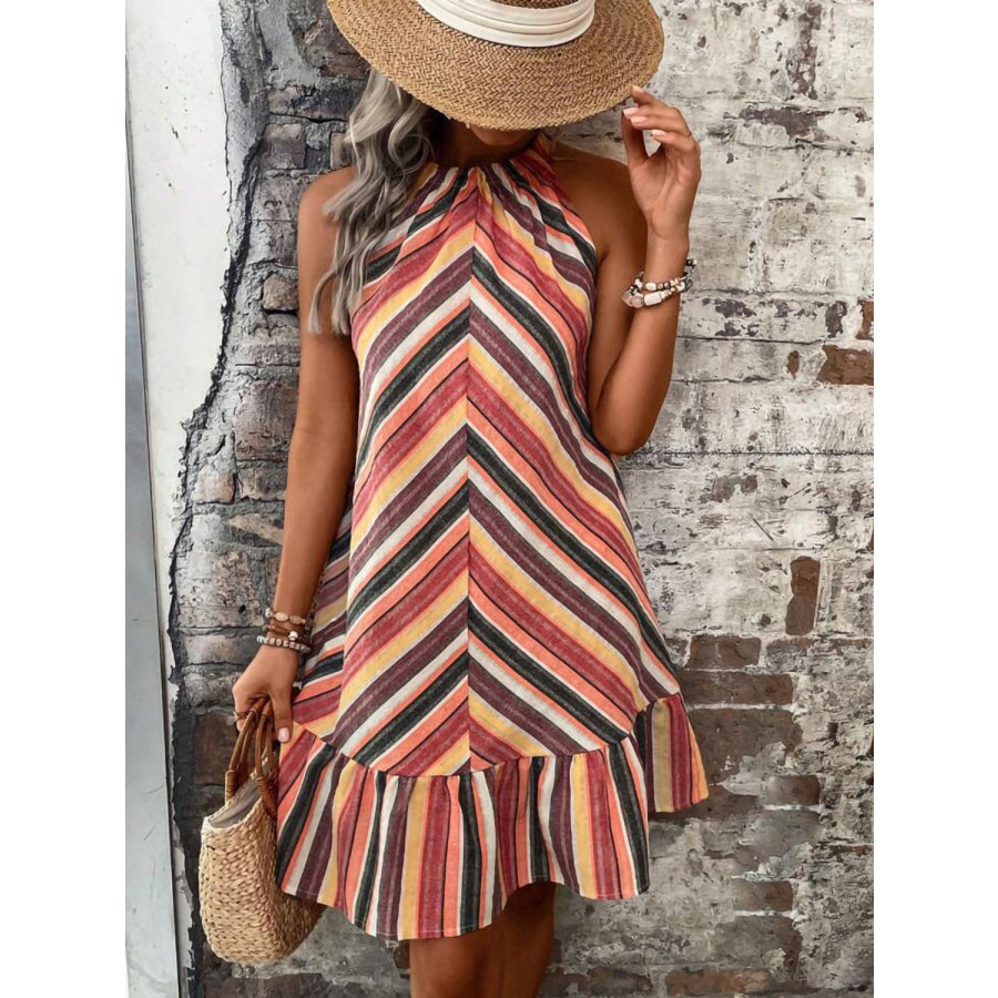 Striped Grecian Neck Dress Multicolor / S Apparel and Accessories