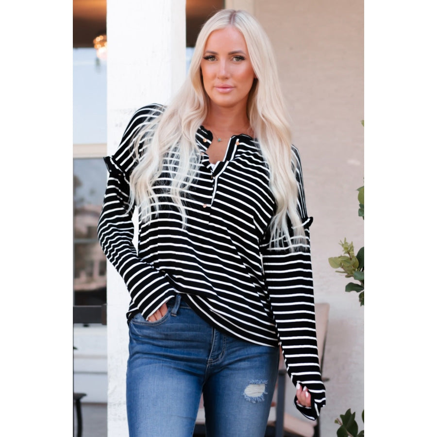 Striped Half Button Frill Trim Top Black / S