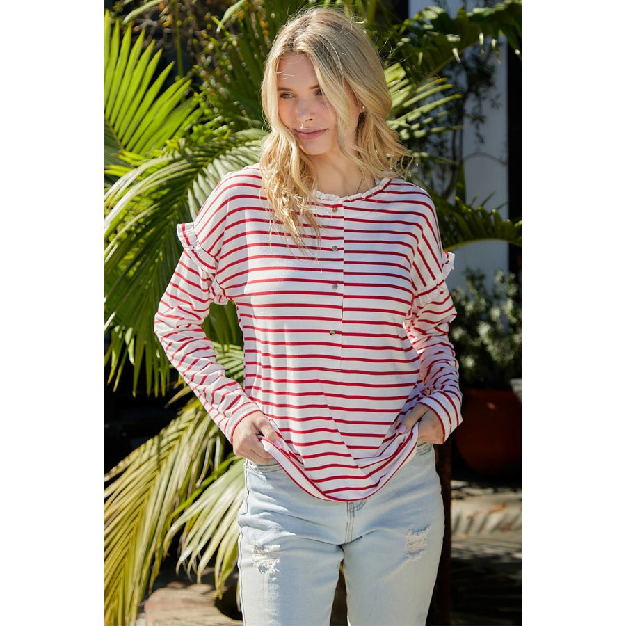 Striped Half Button Frill Trim Top Red / S