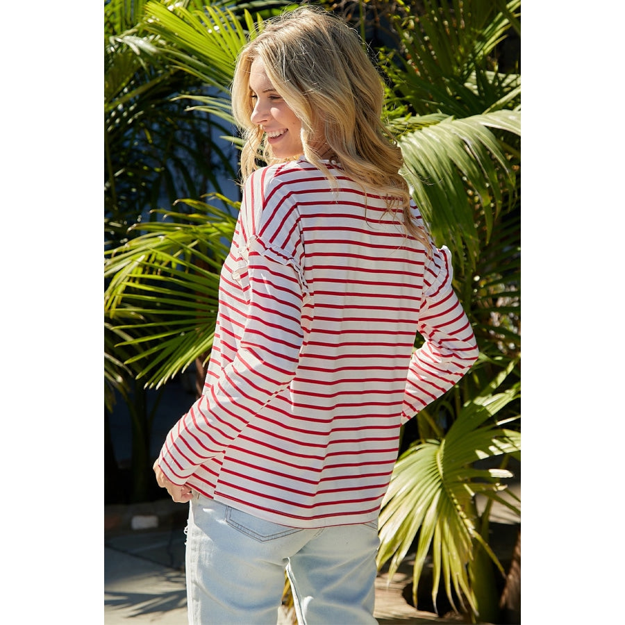 Striped Half Button Frill Trim Top