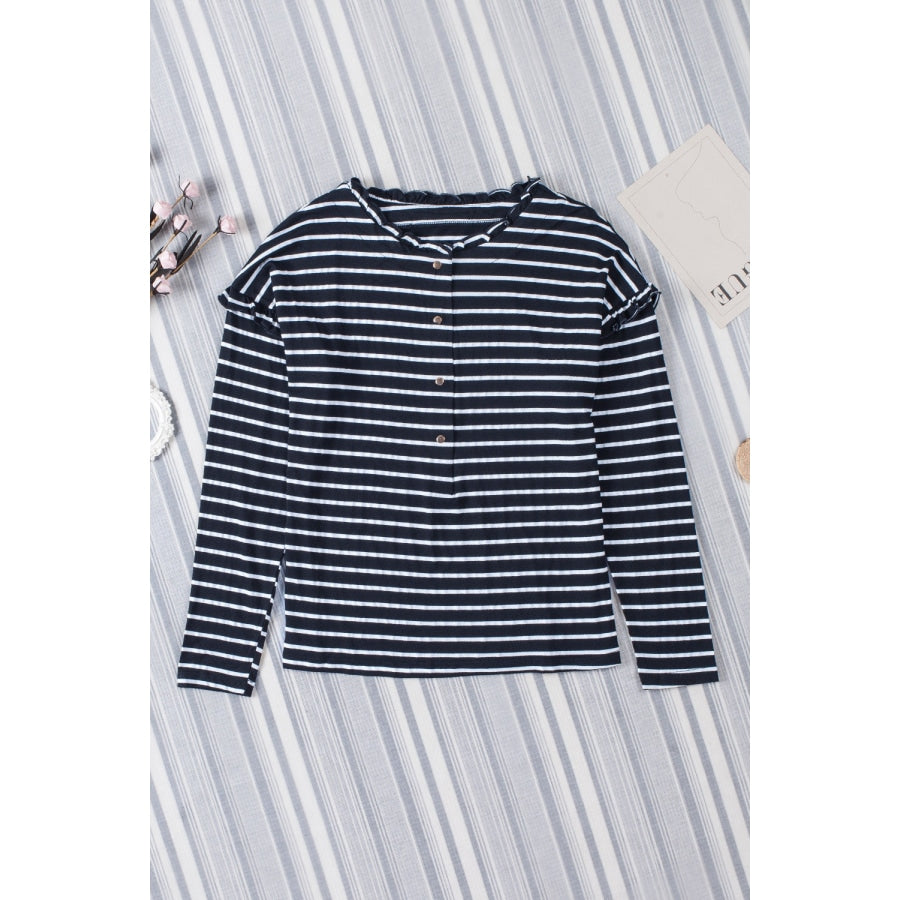 Striped Half Button Frill Trim Top