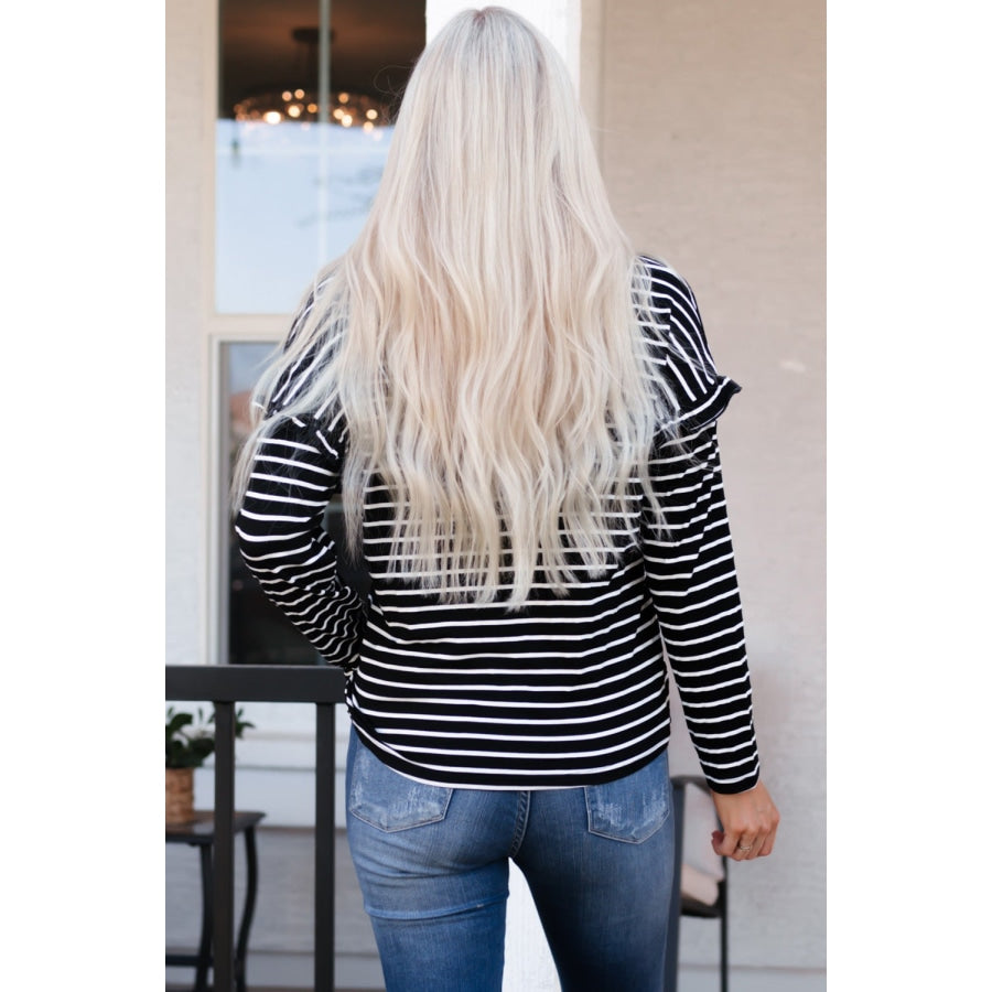 Striped Half Button Frill Trim Top