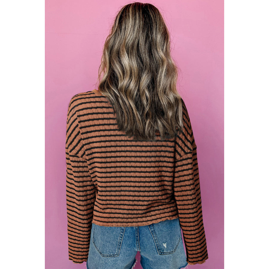 Striped Half Button Long Sleeve Blouse Caramel / S Apparel and Accessories