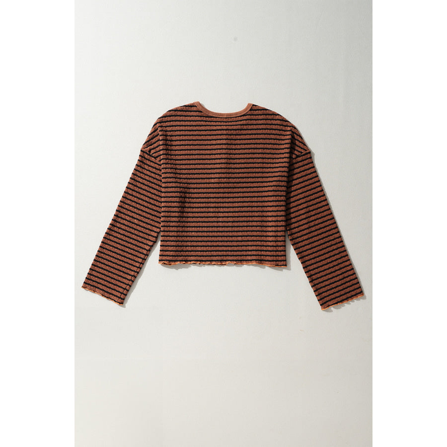 Striped Half Button Long Sleeve Blouse Apparel and Accessories