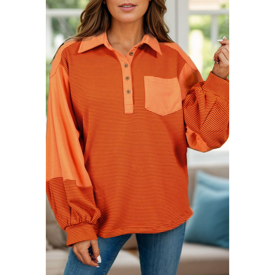 Striped Half Button Long Sleeve Sweatshirt Orange / S Apparel and Accessories