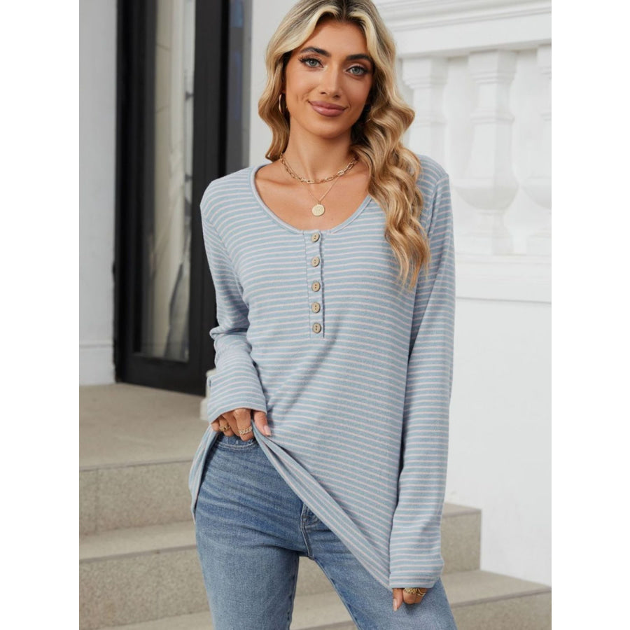 Striped Half Button Long Sleeve T-Shirt Apparel and Accessories