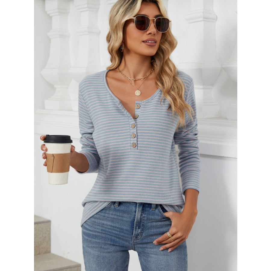 Striped Half Button Long Sleeve T-Shirt Apparel and Accessories