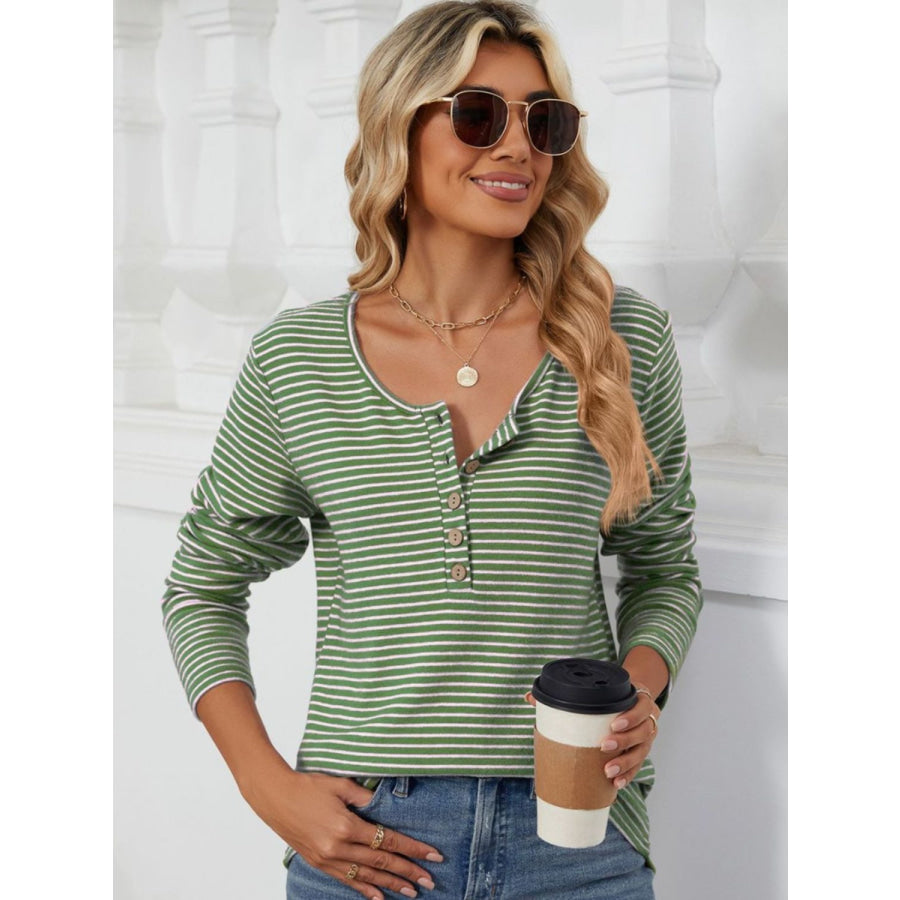 Striped Half Button Long Sleeve T-Shirt Apparel and Accessories