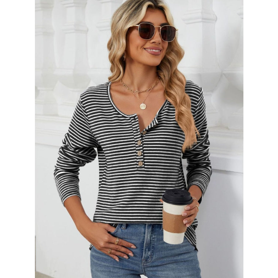 Striped Half Button Long Sleeve T-Shirt Apparel and Accessories