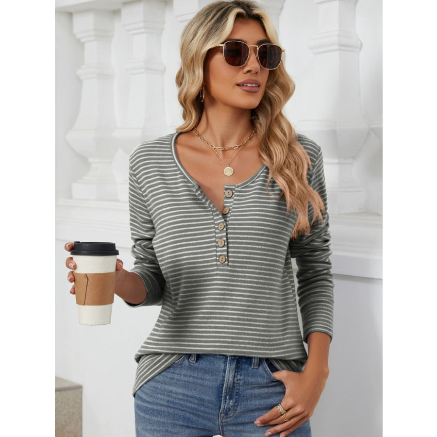 Striped Half Button Long Sleeve T-Shirt Dark Gray / S Apparel and Accessories