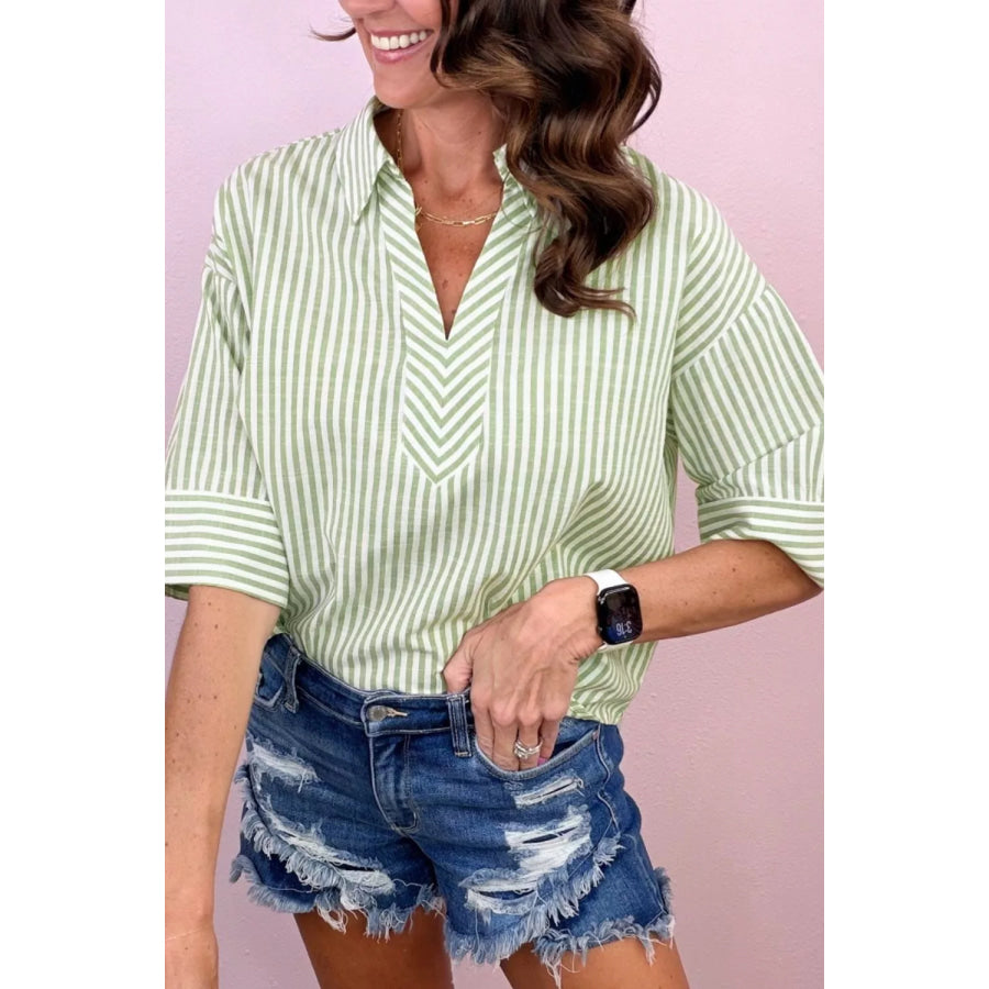 Striped Half Sleeve Blouse Gum Leaf / S Apparel and Accessories