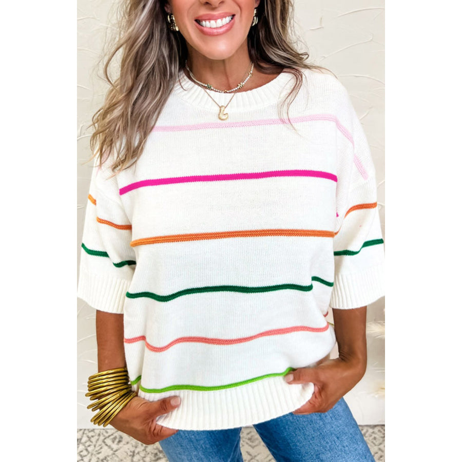 Striped Half Sleeve Drop Shoulder Sweater Apparel and Accessories