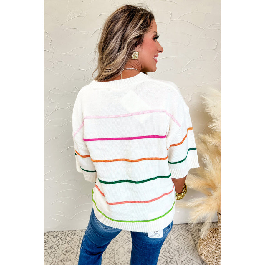 Striped Half Sleeve Drop Shoulder Sweater Apparel and Accessories