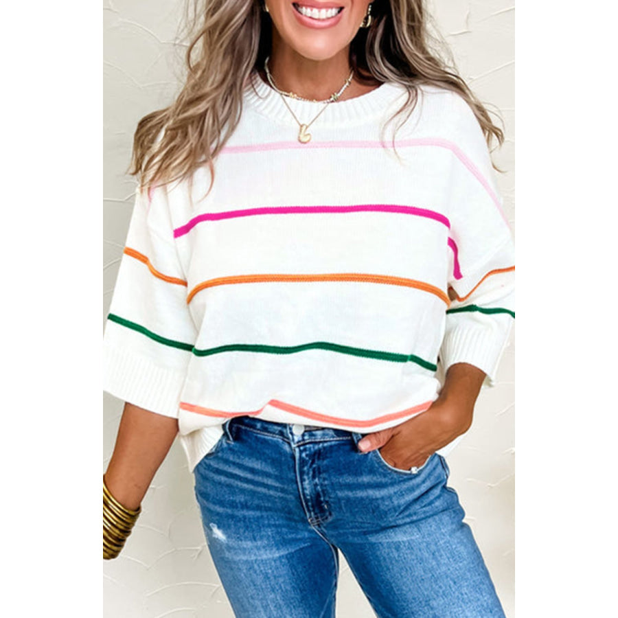 Striped Half Sleeve Drop Shoulder Sweater Apparel and Accessories