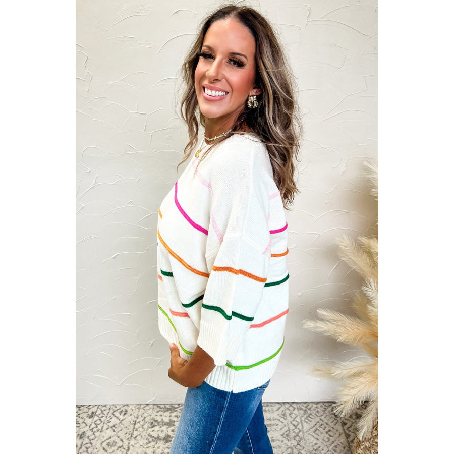 Striped Half Sleeve Drop Shoulder Sweater Apparel and Accessories