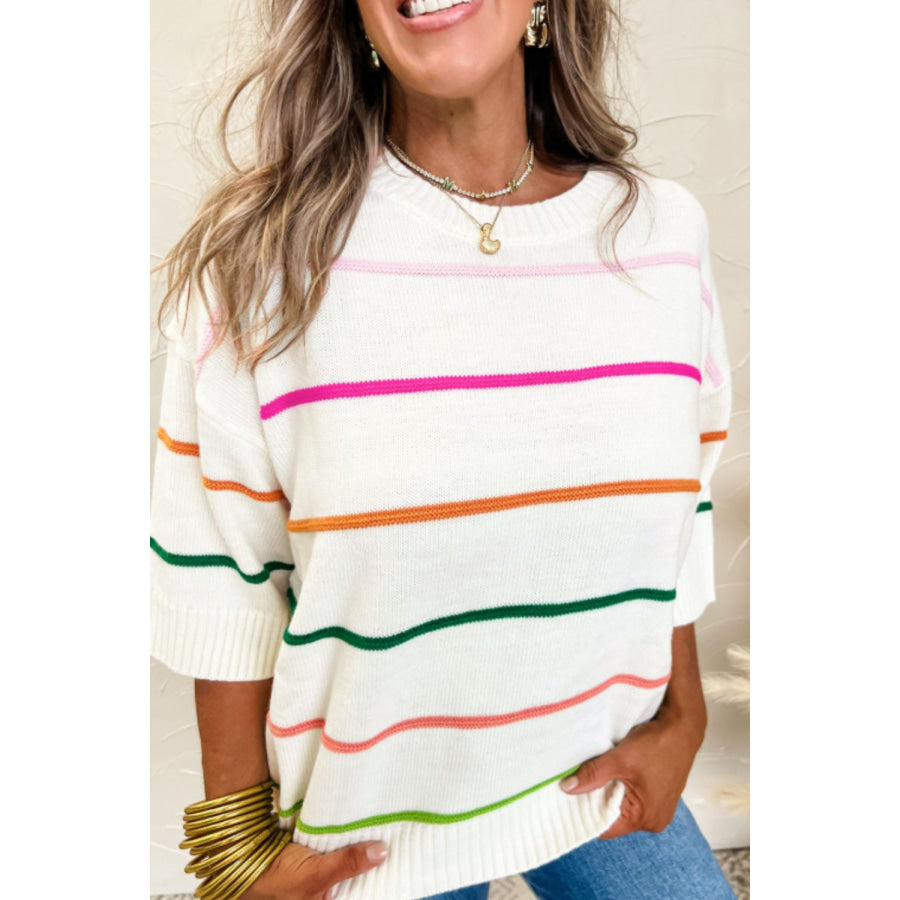 Striped Half Sleeve Drop Shoulder Sweater White / S Apparel and Accessories