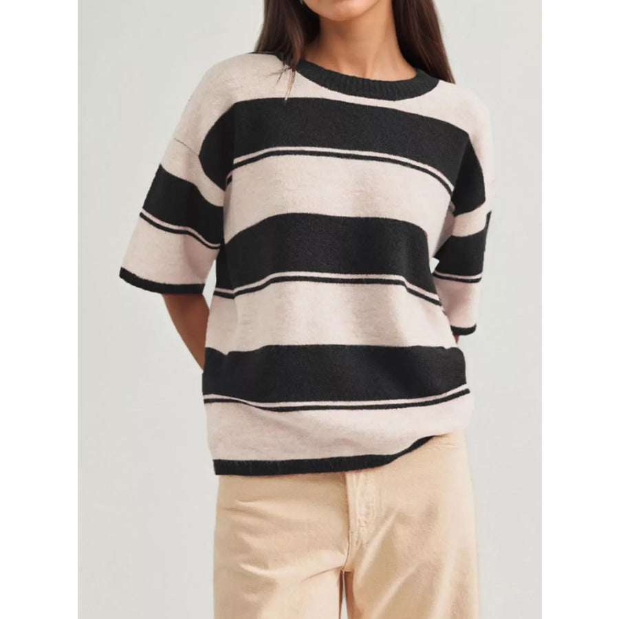 Striped Half Sleeve Sweater Black / S Apparel and Accessories