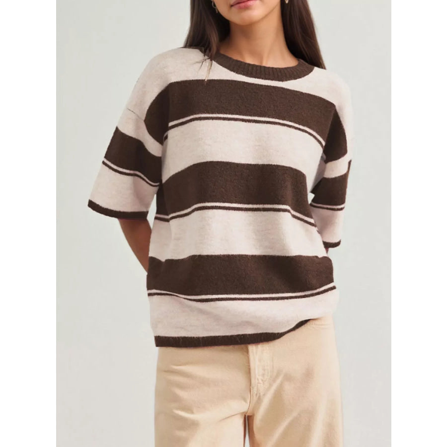 Striped Half Sleeve Sweater Brown / S Apparel and Accessories