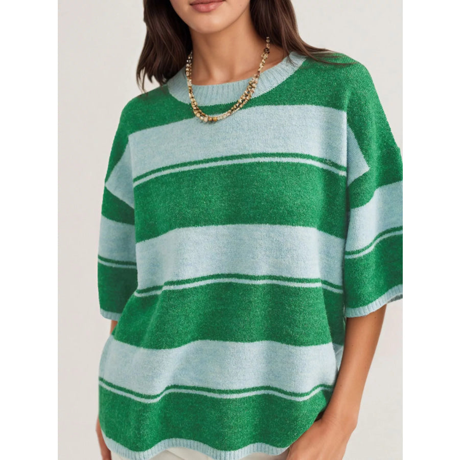 Striped Half Sleeve Sweater Green / S Apparel and Accessories