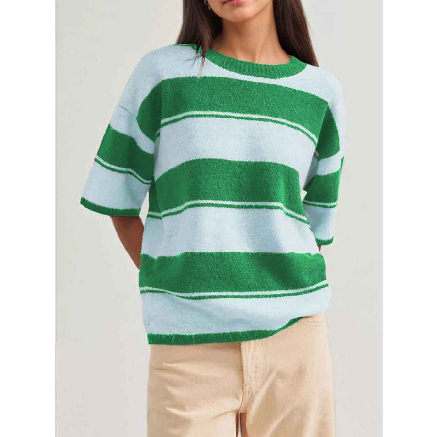 Striped Half Sleeve Sweater Light Blue / S Apparel and Accessories