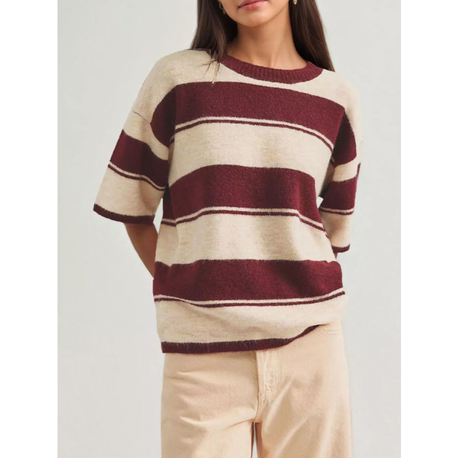 Striped Half Sleeve Sweater Red / S Apparel and Accessories