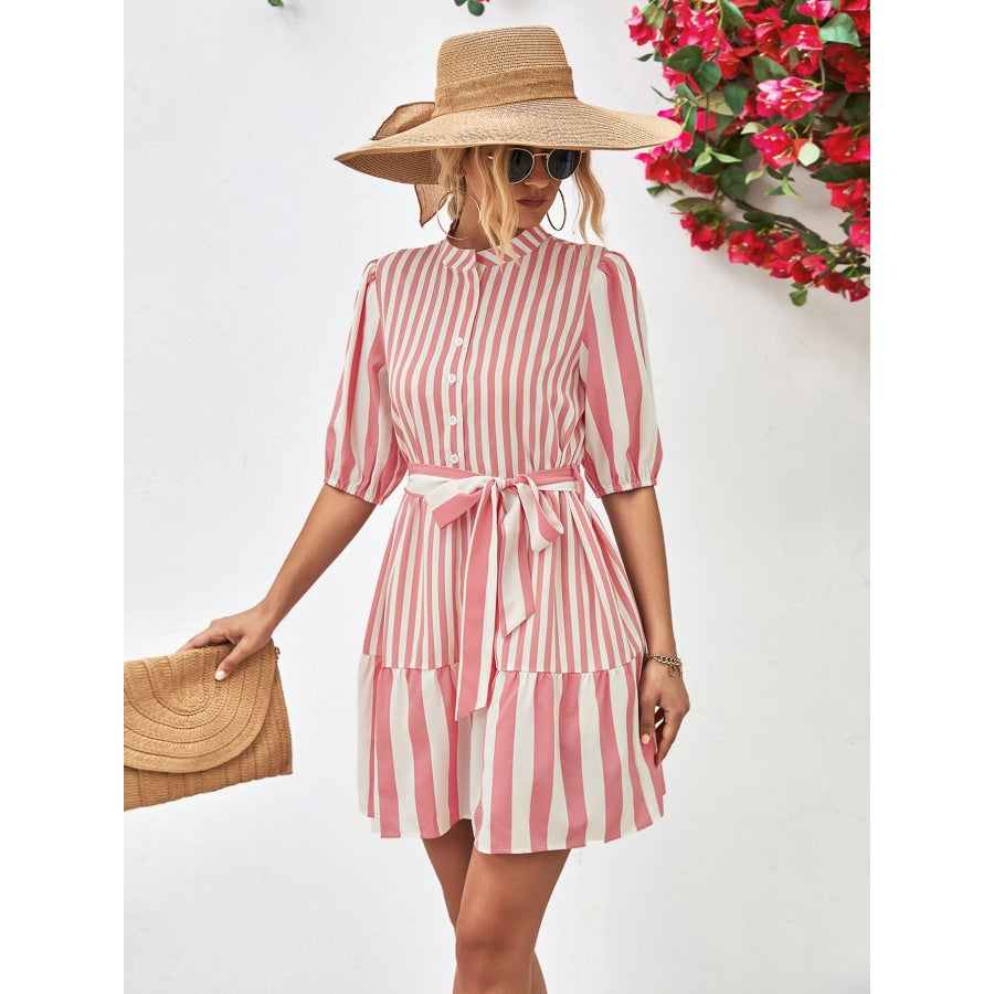 Striped Half Sleeve Tie Waist Mini Dress Blush Pink / S