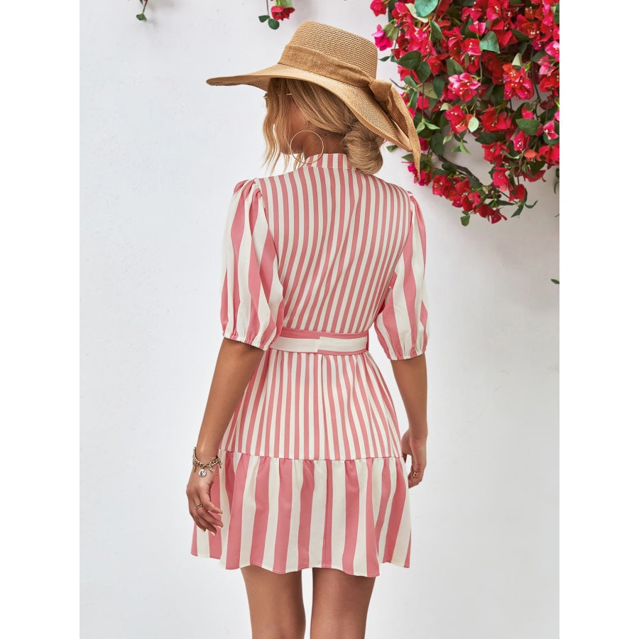 Striped Half Sleeve Tie Waist Mini Dress Blush Pink / S