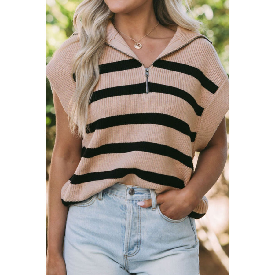 Striped Half Zip Cap Sleeve Knit Top Apparel and Accessories