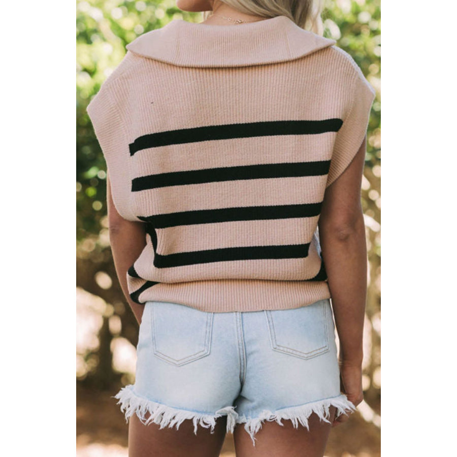 Striped Half Zip Cap Sleeve Knit Top Apparel and Accessories